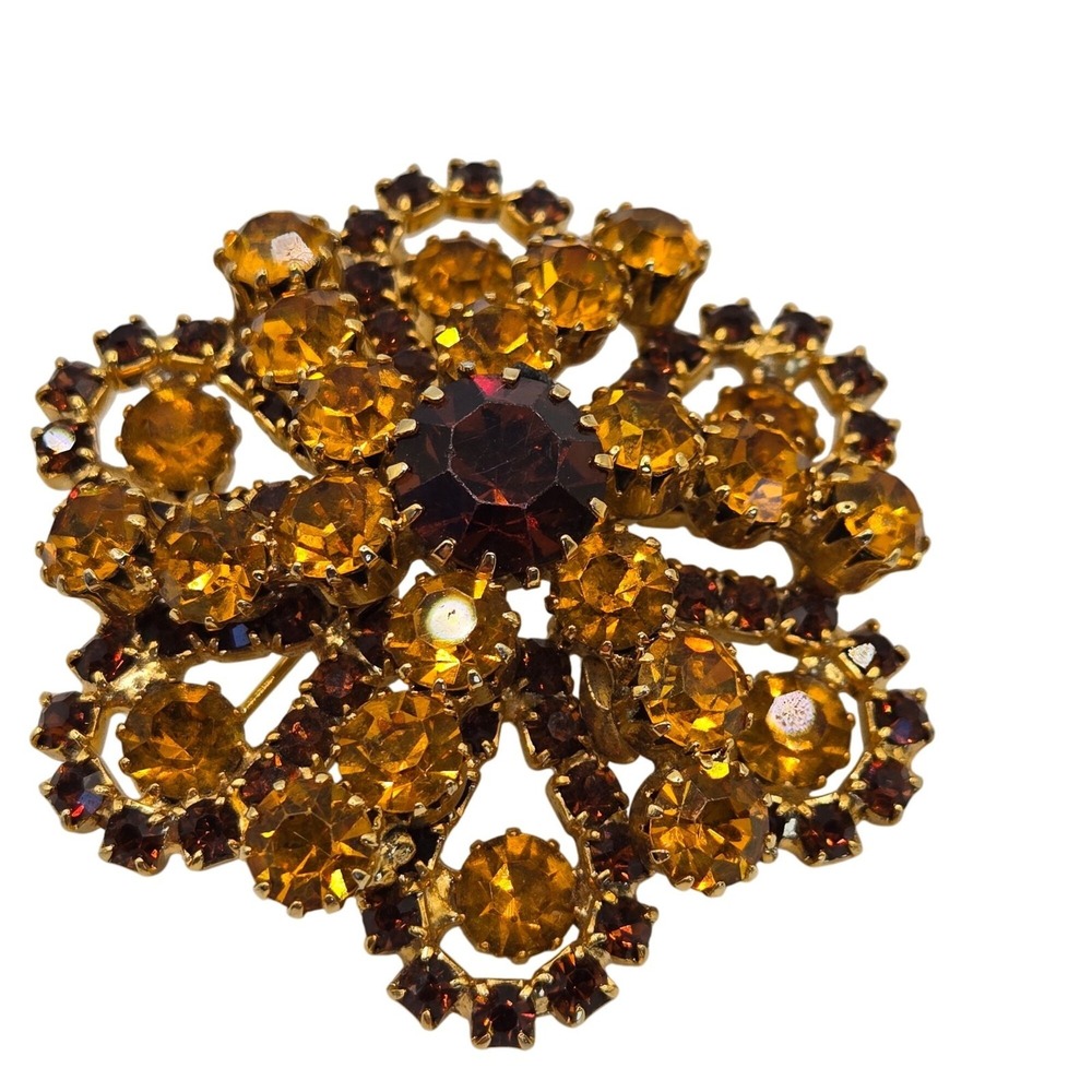 VTG Brooch Tiered Boho Cluster Root Beer Rhinestone Floral‎ Autumn Fairycore Pin